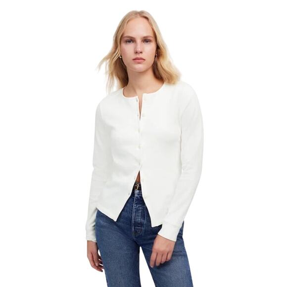 Madewell Ribbed Button-Front Cardigan White XS Slim Fit Cotton Blend - Picture 1 of 9